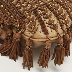 Pre Owned Fendi Brown/Multicolor Leather and Lizard Trim Small Tassel Oyster Hobo