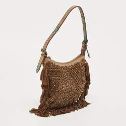 Pre Owned Fendi Brown/Multicolor Leather and Lizard Trim Small Tassel Oyster Hobo