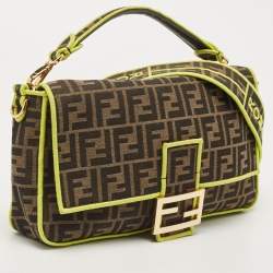 Pre Owned Fendi Neon Green/Tobacco Zucca Canvas Large Baguette Shoulder Bag