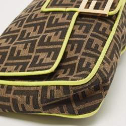 Pre Owned Fendi Neon Green/Tobacco Zucca Canvas Large Baguette Shoulder Bag