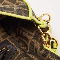 Pre Owned Fendi Neon Green/Tobacco Zucca Canvas Large Baguette Shoulder Bag