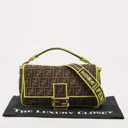 Pre Owned Fendi Neon Green/Tobacco Zucca Canvas Large Baguette Shoulder Bag