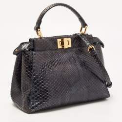 Pre Owned Fendi Navy Blue Python Mini Peekaboo Top Handle Bag