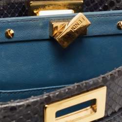 Pre Owned Fendi Navy Blue Python Mini Peekaboo Top Handle Bag