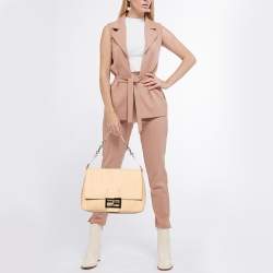 Pre Owned Fendi Beige Raffia and Leather Detail Mama Forever Shoulder Bag
