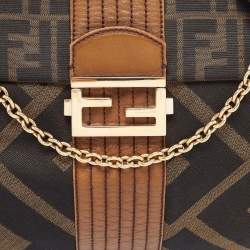 Fendi Tobacco Zucca Canvas and Leather Maxi Baguette Flap Shoulder Bag