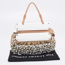 Pre Owned Fendi  Beige/White Leather and Lizard Beaded To You Clutch Bag