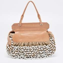 Pre Owned Fendi  Beige/White Leather and Lizard Beaded To You Clutch Bag