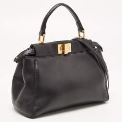 Pre Owned Fendi Black Leather Mini Peekaboo Top Handle Bag