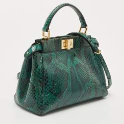 Pre Owned Fendi Green Python Mini Peekaboo Top Handle Bag