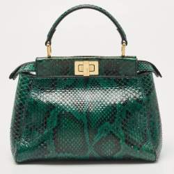 Pre Owned Fendi Green Python Mini Peekaboo Top Handle Bag
