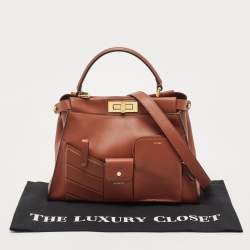 Pre Owned Fendi Dark Brown Leather Medium Pocket Peekaboo Top Handle Bag