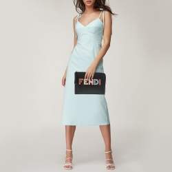 مملوكة مسبقًا Fendi Black Leather Studded Logo Zip Pouch