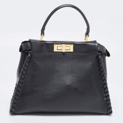 Pre Owned Fendi Black Leather Medium Whipstitched Peekaboo Top Handle Bag
