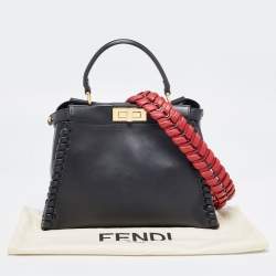 Pre Owned Fendi Black Leather Medium Whipstitched Peekaboo Top Handle Bag