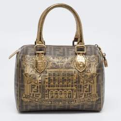 Pre Owned Fendi Gold/Tobacco Zucca Coated Canvas Forever Boston Bag