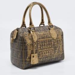 Pre Owned Fendi Gold/Tobacco Zucca Coated Canvas Forever Boston Bag
