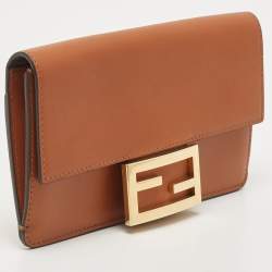 Fendi Brown Leather FF Flat Baguette Clutch