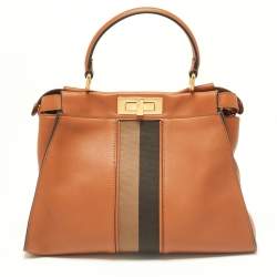 مملوكة مسبقًا Fendi Brown Leather Medium Stripe Peekaboo Top Handle Bag