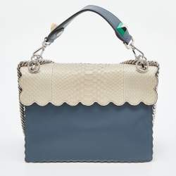Pre Owned Fendi Blue/Beige Scalloped Leather Medium Kan I Shoulder Bag