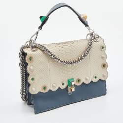 Pre Owned Fendi Blue/Beige Scalloped Leather Medium Kan I Shoulder Bag