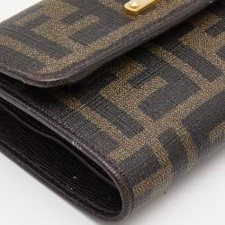 Pre Owned Fendi Dark Brown Zucca Coated Canvas Logo Trifold Wallet
