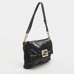 Pre Owned Fendi Black Pleated Coated Nylon Mia Flap Shoulder Bag