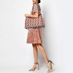 Pre Owned Fendi Burgundy/Cream FF Raffia and Leather Peekaboo X Tote