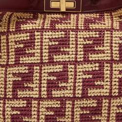 Pre Owned Fendi Burgundy/Cream FF Raffia and Leather Peekaboo X Tote