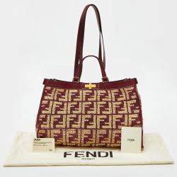 Pre Owned Fendi Burgundy/Cream FF Raffia and Leather Peekaboo X Tote