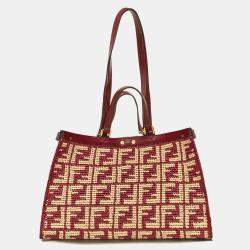 Pre Owned Fendi Burgundy/Cream FF Raffia and Leather Peekaboo X Tote