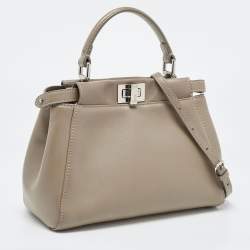 Pre Owned Fendi Dark Beige Leather Mini Peekaboo Top Handle Bag