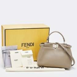 Pre Owned Fendi Dark Beige Leather Mini Peekaboo Top Handle Bag