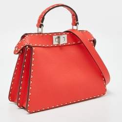 Pre Owned Fendi Red Selleria Leather Small Peekaboo ISeeU Top Handle Bag