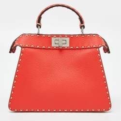 Pre Owned Fendi Red Selleria Leather Small Peekaboo ISeeU Top Handle Bag