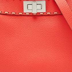 Pre Owned Fendi Red Selleria Leather Small Peekaboo ISeeU Top Handle Bag
