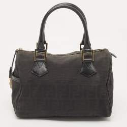 Pre Owned Fendi Black Zucca Canvas and Leather Bauletto Boston Bag