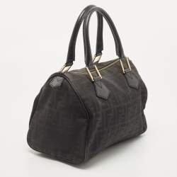 Pre Owned Fendi Black Zucca Canvas and Leather Bauletto Boston Bag