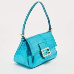 Fendi Blue Metallic Zucchino Laminated Leather Baguette Bag