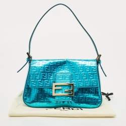 Fendi Blue Metallic Zucchino Laminated Leather Baguette Bag
