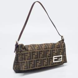 Fendi Tobacco Zucca Canvas and Leather Logo Flap Baguette Bag