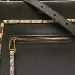 Pre Owned Fendi Green/Beige Leather and Watersnake Trim Small Runaway Top Handle Bag