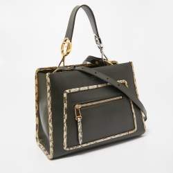 Pre Owned Fendi Green/Beige Leather and Watersnake Trim Small Runaway Top Handle Bag