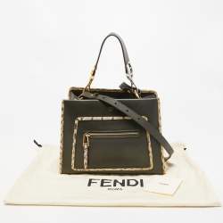 Pre Owned Fendi Green/Beige Leather and Watersnake Trim Small Runaway Top Handle Bag