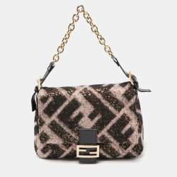 Pre Owned Fendi Black/Pink Zucca Sequins and Wool Mama Forever Flap Bag