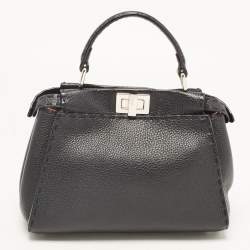 Pre Owned Fendi Black Selleria Leather Mini Peekaboo Top Handle Bag