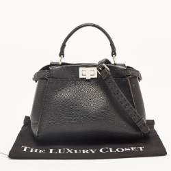 Pre Owned Fendi Black Selleria Leather Mini Peekaboo Top Handle Bag