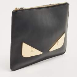 Pre Owned Fendi Black Leather Monster Flat Clutch