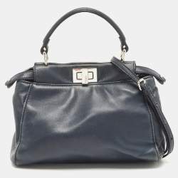 Pre Owned Fendi Navy Blue Leather Mini Peekaboo Top Handle Bag