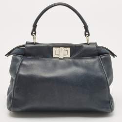 Pre Owned Fendi Navy Blue Leather Mini Peekaboo Top Handle Bag